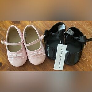 2 Janie & Jack Ballet Flats Bow Pink / Black Scalloped Edges,Mary Jane; 18/24 M